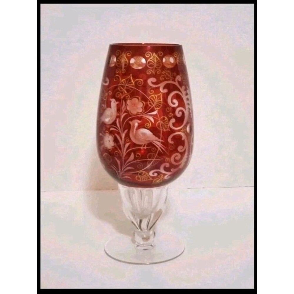 Vtg Egermann Bohemian Ruby Cut To Clear Crystal Goblet Chalice Birds 9.75" Rare